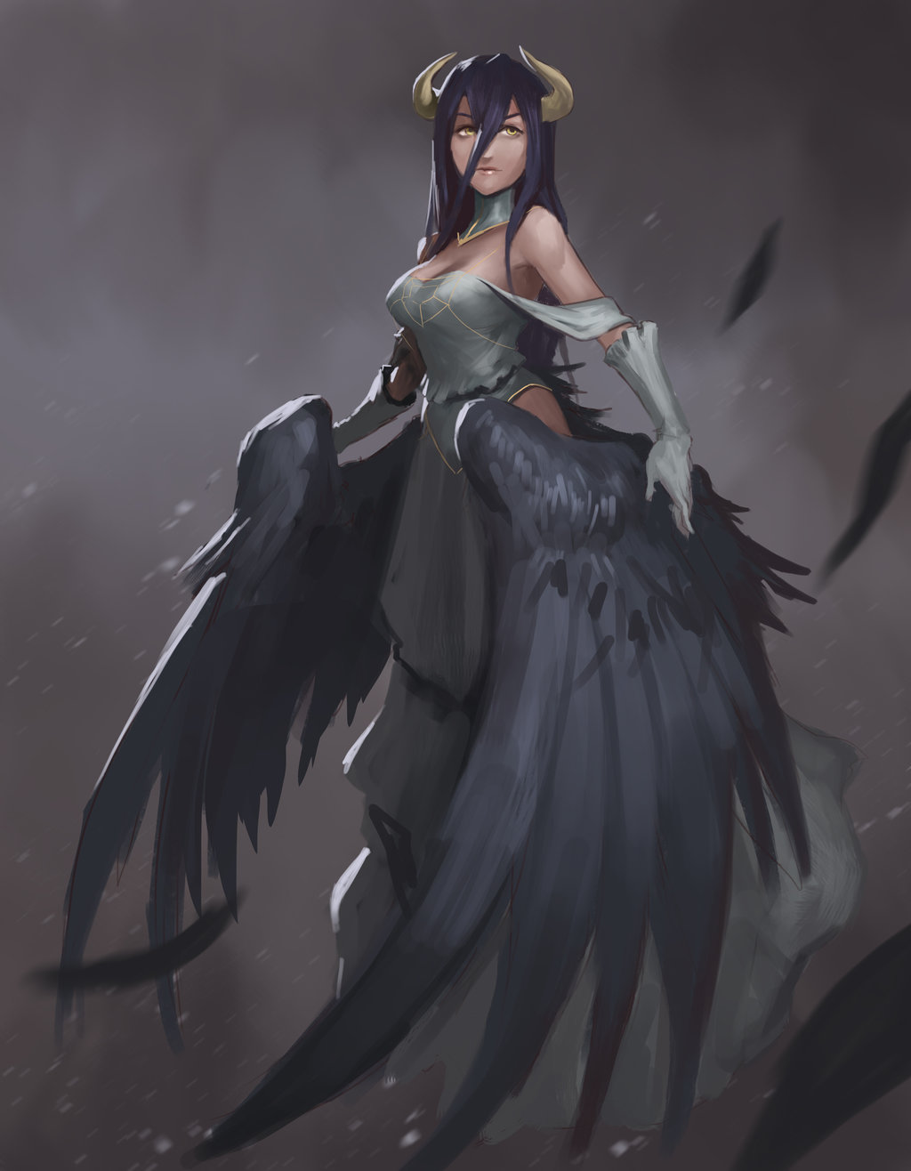 1girl albedo bare_shoulders black_hair breasts cleavage demon_girl demon_horns demon_wings detached_collar dress feathered_wings feathers full_body gloves highres horns josh_corpuz long_hair overlord_(maruyama) solo white_dress white_gloves wings yellow_eyes