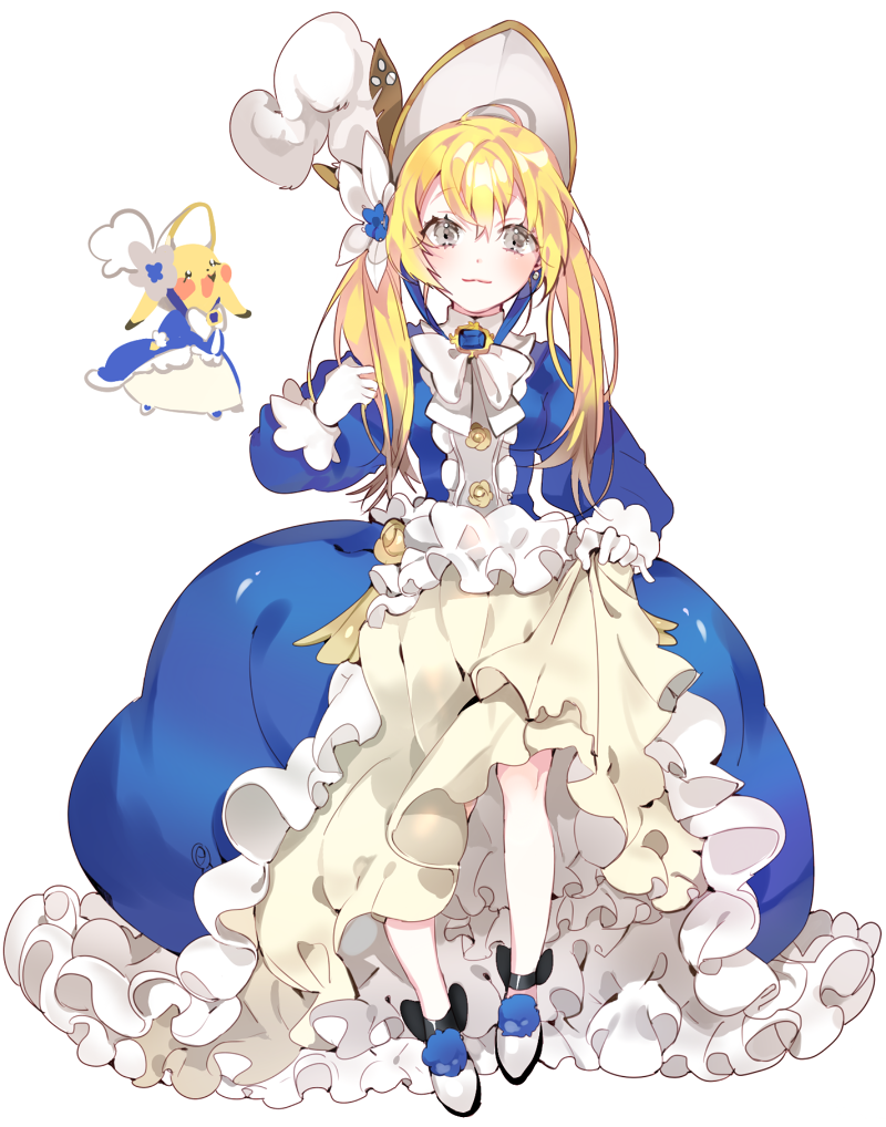 1girl :3 ballet_slippers bangs black_shoes blonde_hair blue_dress bonnet bow bowtie brooch cosplay_pikachu dress flower frilled_dress frills full_body gem gloves grey_eyes hair_flower hair_ornament jewelry layered_dress lolita_fashion long_hair long_sleeves looking_at_viewer multicolored_dress personification pikachu piyo_(ppotatto) pokemon pokemon_(creature) pokemon_(game) pokemon_oras shoe_ribbon shoes simple_background skirt_hold slim_legs smile standing thigh-highs twintails white_background white_bow white_dress white_gloves