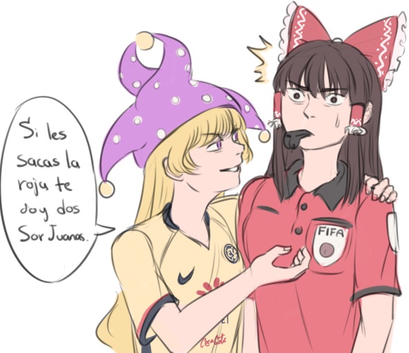 2girls blonde_hair brown_hair clownpiece fifa grin hakurei_reimu hat jester_cap long_hair mefomefo multiple_girls nike referee smile soccer_uniform spanish sportswear sweat touhou translated whistle