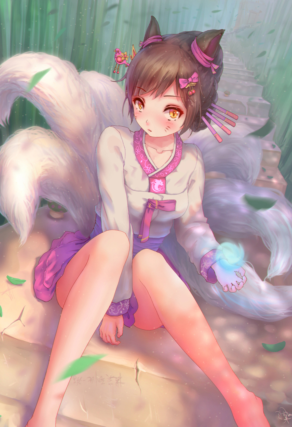 1girl ahri alternate_costume alternate_hair_color alternate_hairstyle bamboo bamboo_forest bangs bare_legs barefoot between_legs blush brown_hair cherry_hair_ornament collarbone dappled_sunlight energy_ball forest fox_girl fox_tail hair_ornament hair_ribbon hair_stick hair_up hand_between_legs highres japanese_clothes jay_xu leaf league_of_legends long_sleeves looking_at_viewer multiple_tails nature outdoors pink_skirt ribbon short_hair signature sitting sitting_on_stairs skirt slit_pupils stairs tail whisker_markings yellow_eyes