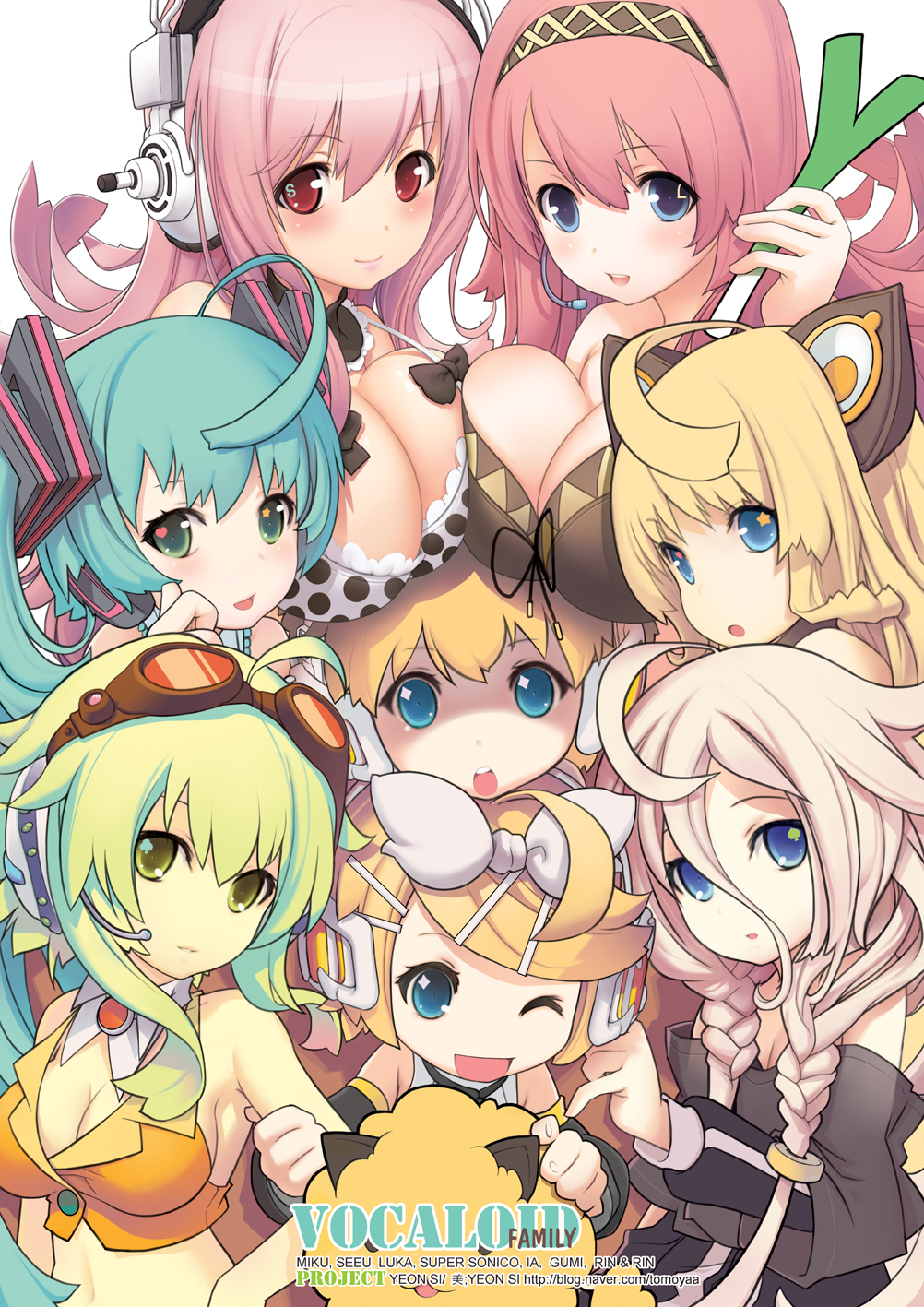 1boy 6+girls ahoge animal_ears bare_shoulders blonde_hair blue_eyes blush bow braid breast_press breasts brother_and_sister cat_ears cleavage crossover detached_sleeves goggles goggles_on_head green_eyes green_hair gumi hair_ornament hair_ribbon hairclip hatsune_miku headphones headset highres ia_(vocaloid) kagamine_len kagamine_rin large_breasts long_hair long_skirt looking_at_viewer megurine_luka multiple_girls nitroplus off_shoulder open_mouth pink_hair red_eyes ribbon seeu shaded_face short_hair siblings skirt sleeveless smile spring_onion super_sonico symmetrical_docking twin_braids twins twintails very_long_hair vocaloid yeounsi