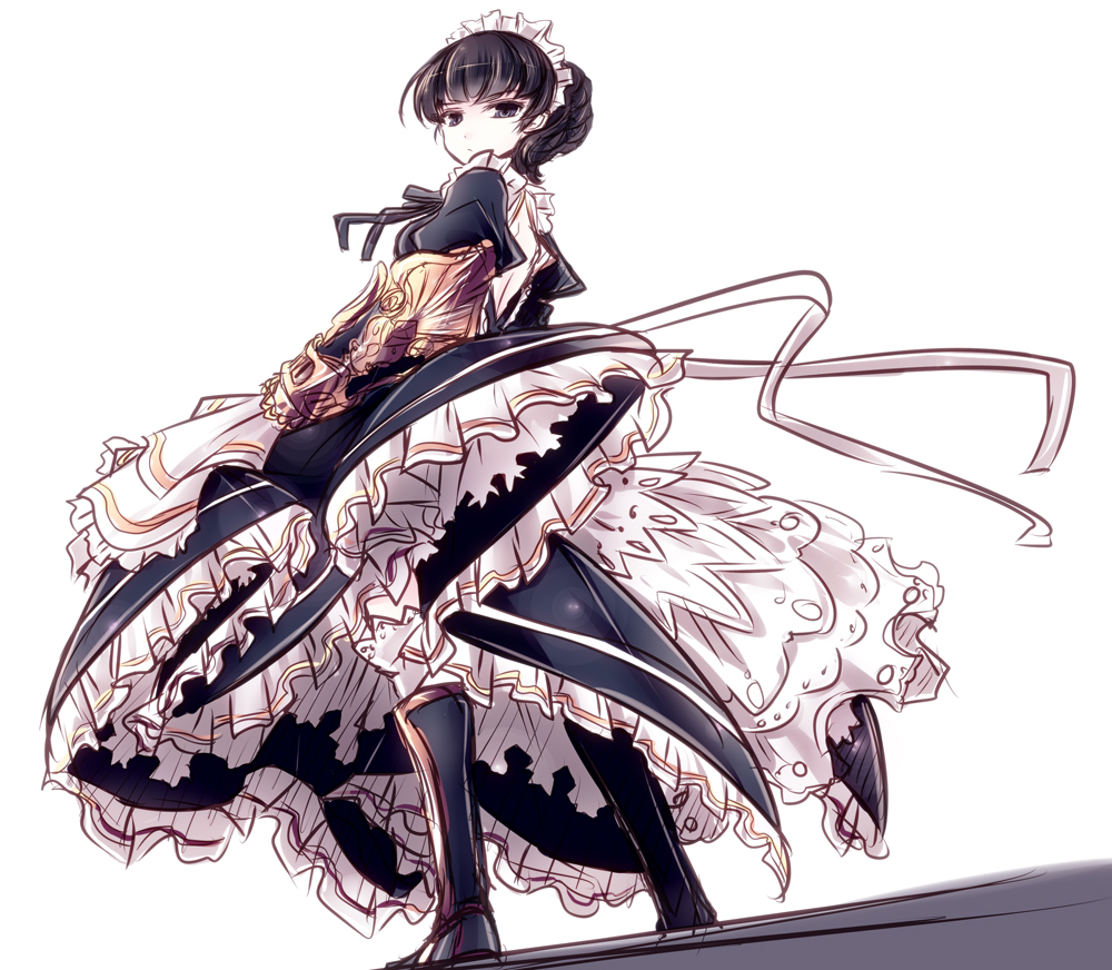 1girl apron back_cutout bare_back black_boots black_dress black_hair black_ribbon boots brass_knuckles claudia_(granblue_fantasy) dress frilled_dress frills from_behind granblue_fantasy hair_bun looking_at_viewer looking_back maid_apron puffy_short_sleeves puffy_sleeves ribbon short_hair short_sleeves simple_background solo standing syarute violet_eyes weapon white_background