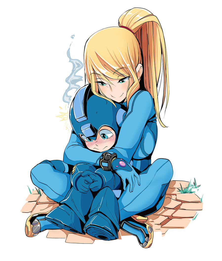 1boy 1girl blonde_hair blue_eyes blush bodysuit boots embarrassed full_body grass height_difference helmet high_heel_boots high_heels hug hug_from_behind long_hair metroid nisego ponytail rockman rockman_(character) samus_aran shiny shiny_hair sitting sitting_on_lap sitting_on_person smile smoke super_smash_bros. white_background wristband zero_suit