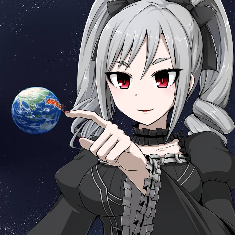 1girl drill_hair earth giantess gothic_lolita idolmaster idolmaster_cinderella_girls kanzaki_ranko lolita_fashion long_hair planet red_eyes silver_hair smile solo space terada_ochiko twin_drills twintails