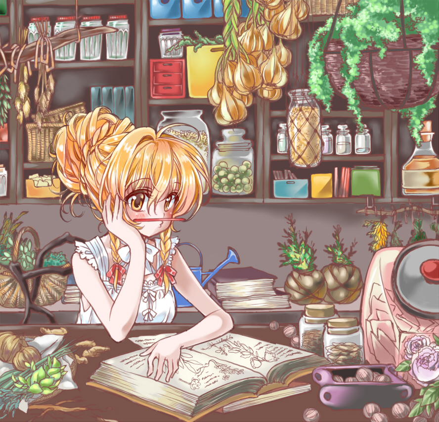 1girl alternate_costume alternate_hairstyle bangs bare_arms basket blonde_hair book book_stack braid chin_rest dress fern flask flower garlic ginger hair_bun hair_ribbon half_updo indoors jar kirisame_marisa neck_ribbon no_hat o3o open_book pencil pencil_mustache plant potted_plant reading ribbon rose seidou_(tukinomiyako) shelf sitting sleeveless sleeveless_dress solo sundress table touhou tress_ribbon twin_braids watering_can white_dress white_rose yellow_eyes