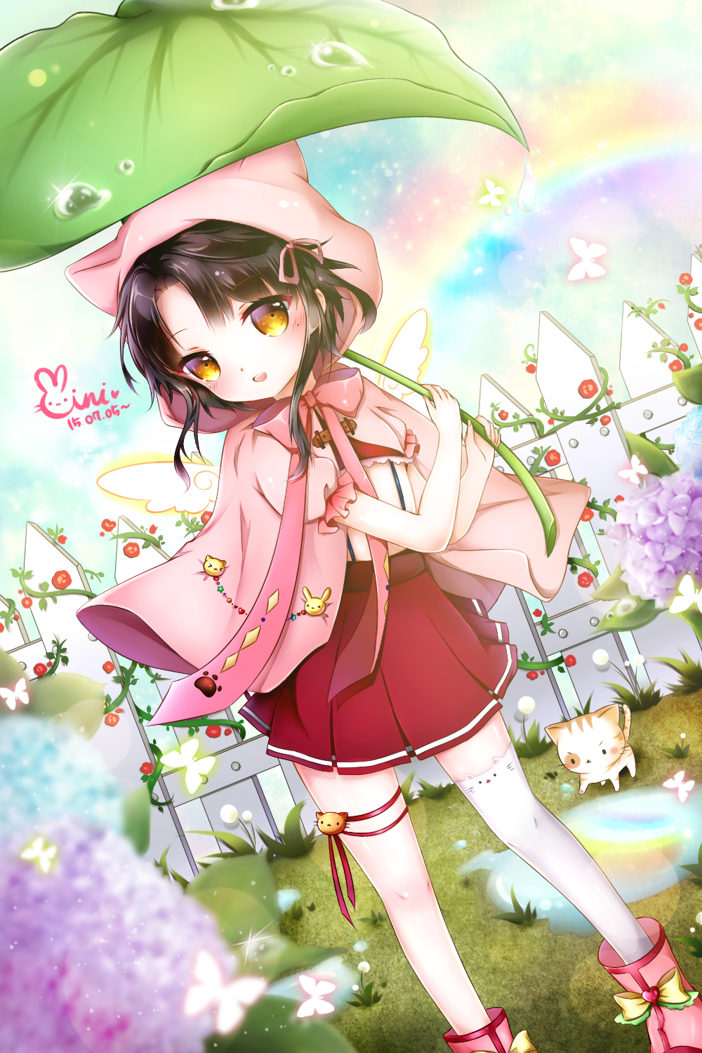 2015 animal_hood bangs black_hair blurry blush boots bow butterfly cape cat danby_merong dated depth_of_field dew_drop dutch_angle fence flower giant_leaf grass hair_bow highres hood hydrangea leaf_umbrella light_smile looking_at_viewer open_mouth outdoors over_shoulder pink_boots pink_bow pleated_skirt puddle rainbow red_skirt ribbon rubber_boots signature single_thighhigh sita_vilosa skirt sky standing sword_girls thigh-highs thigh_ribbon water_drop white_legwear wings wooden_fence yellow_eyes