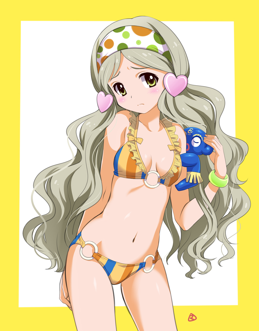 1girl bikini blush bracelet breasts cleavage commentary_request green_eyes grey_hair hair_ornament hairband handa_roko heart_hair_ornament idolmaster idolmaster_million_live! jewelry long_hair looking_at_viewer mercy_rabbit navel o-ring_bikini o-ring_bottom o-ring_top solo swimsuit twintails very_long_hair wavy_hair