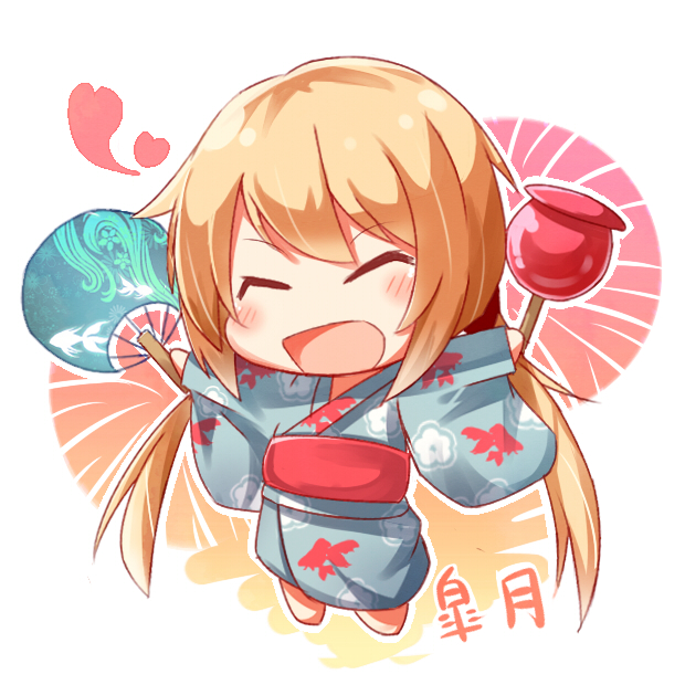 1girl :d ^_^ alternate_costume apple autumn blonde_hair blush candy_apple character_name chibi closed_eyes fan festival fish flower food fruit gasuto_(kamikami) hair_ornament happy heart japanese_clothes kantai_collection kimono long_hair long_sleeves low_twintails open_mouth outstretched_arms satsuki_(kantai_collection) smile solo twintails yukata