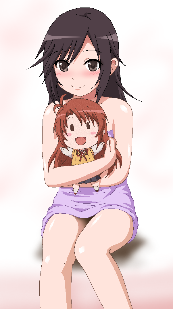 1girl bare_shoulders black_hair blush brown_eyes character_doll hayashiya_zankurou ichijou_hotaru koshigaya_komari long_hair looking_at_viewer naked_towel non_non_biyori sitting smile solo towel white_background