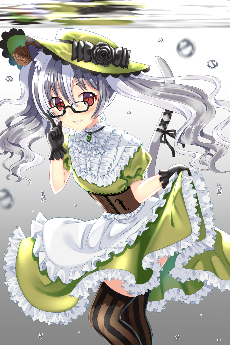 1girl animal_ears cat_ears cat_tail corset dress glasses gloves grey_hair hat highres lolita_fashion original red_eyes ribbon tail tail_ribbon thigh-highs toujou_mina twintails underwater