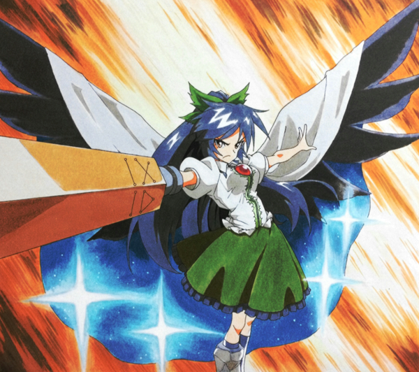 1girl anime_coloring arm_cannon bird_wings black_hair black_wings bow cape foreshortening hair_bow long_hair marker_(medium) millipen_(medium) outstretched_arms ponytail reiuji_utsuho shiratama_(hockey) shirt skirt solo space third_eye touhou traditional_media very_long_hair weapon wings