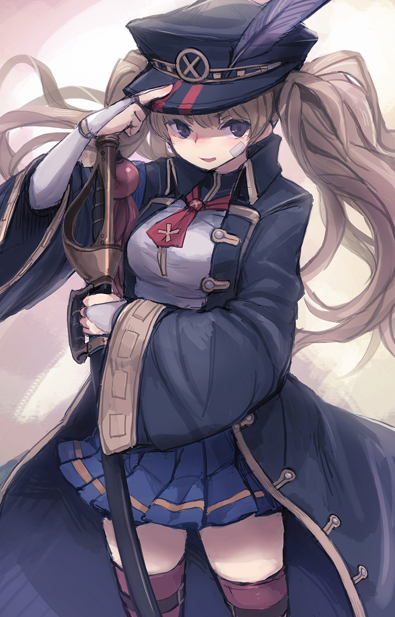 &gt;:d 1girl :d ascot bandage_on_face bangs blonde_hair blue_skirt bridal_gauntlets coat feathers granblue_fantasy hand_on_headwear hat hat_feather highres holding holding_sword holding_weapon long_hair long_sleeves miniskirt monica_(granblue_fantasy) noconol open_clothes open_coat open_mouth pleated_skirt purple_legwear sheath sheathed skirt smile solo sword thigh-highs twintails violet_eyes weapon wide_sleeves zettai_ryouiki