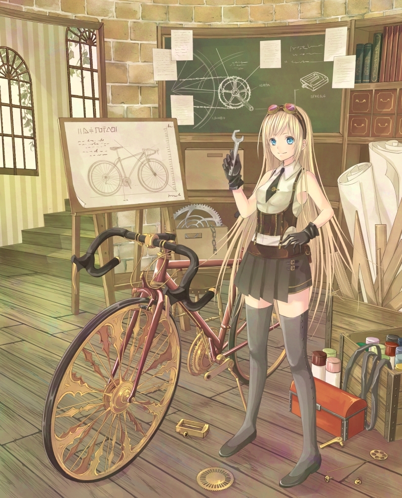 1girl bicycle black_gloves blonde_hair blue_eyes book bookshelf box chain chalkboard chest closed_mouth corset gears gloves goggles goggles_on_head hand_on_hip long_hair mokona1107 necktie original paper paper_roll room ruler sleeveless smile solo stairs standing striped suspenders thigh-highs toolbox window wrench zettai_ryouiki
