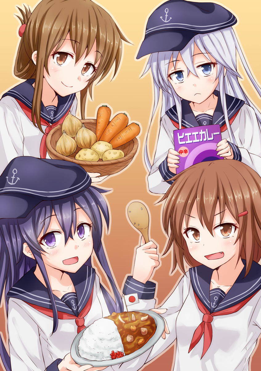 &gt;:d 4girls :&lt; :d akatsuki_(kantai_collection) anti_(untea9) blush brown_eyes brown_hair carrot commentary_request curry curry_rice fang flag folded_ponytail food gradient gradient_background hair_ornament hairclip hat hibiki_(kantai_collection) highres holding_plate ikazuchi_(kantai_collection) inazuma_(kantai_collection) japanese_flag kantai_collection looking_at_viewer mini_flag multiple_girls onion open_mouth plate potato rice rice_spoon silver_hair simple_background smile violet_eyes