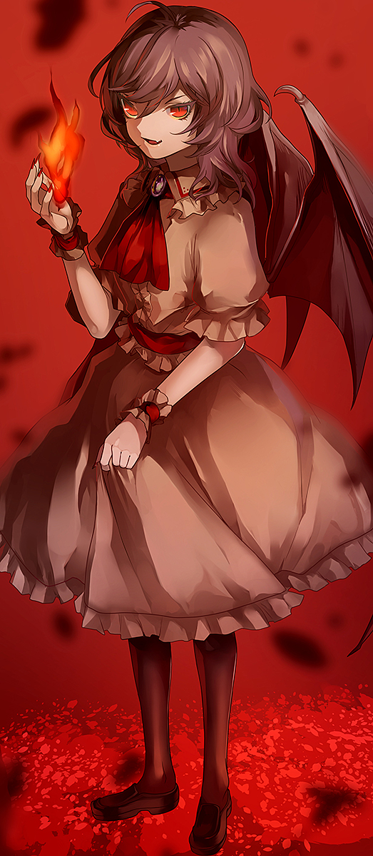 1girl ascot bat_wings black_legwear blood blood_splatter brooch dress eredhen fang flame full_body highres jewelry lavender_hair looking_at_viewer no_hat open_mouth pink_dress puffy_short_sleeves puffy_sleeves red_eyes remilia_scarlet short_sleeves slit_pupils solo touhou wings wrist_cuffs