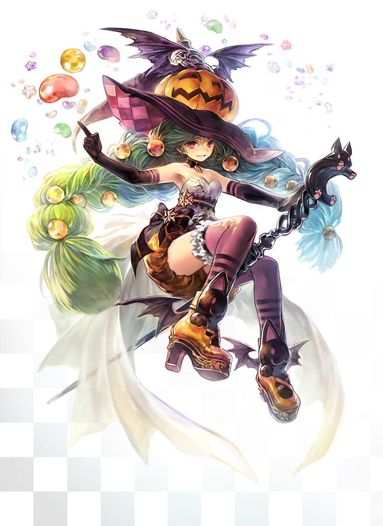 1girl ankle_wings bare_shoulders bat_wings belt black_bow black_gloves blue_hair bow braid candy cat checkered checkered_background checkered_hat detached_collar floating_object frills full_body garter_straps gloves gradient_hair green_hair hair_between_eyes hair_ornament hakou_(barasensou) halloween hat high_heels jelly_bean jewelry lace long_hair looking_at_viewer multicolored_hair orange_shoes original pointing puffy_shorts pumpkin purple_legwear riding see-through shoes sleeveless smile solo star thigh-highs twin_braids very_long_hair violet_eyes winged_hat wings witch witch_hat