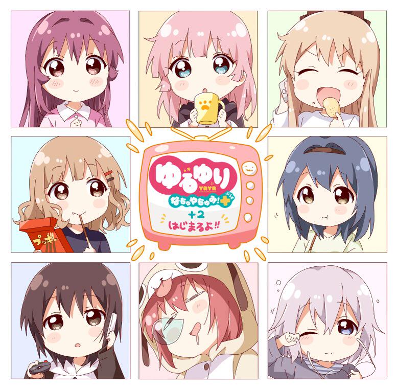 6+girls :t akaza_akari blonde_hair blue_eyes blue_hair bow brown_eyes brown_hair cellphone coffee_mug controller drooling eating funami_yui furutani_himawari glasses glasses_removed hair_bow hair_down hair_intakes hair_ornament hairband hairclip ikeda_chitose multiple_girls namori nose_bubble one_eye_closed oomuro_sakurako open_mouth phone pink_hair pocky purple_hair redhead release_date remote_control sleeping sugiura_ayano television toshinou_kyouko violet_eyes yoshikawa_chinatsu yuru_yuri