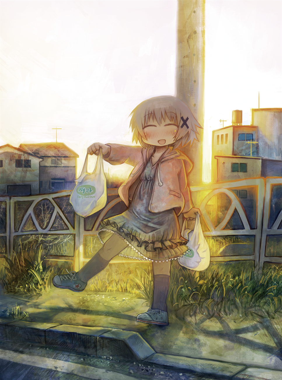 1girl blush brown_hair closed_eyes dress hade_na_kangofu hidamari_sketch highres hooded_jacket hoodie jacket open_mouth short_hair smile solo yuno