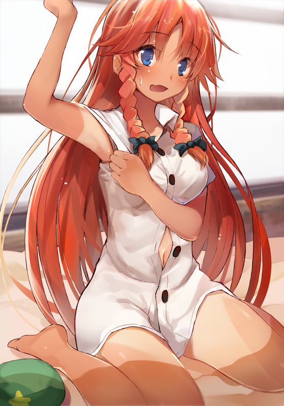 1girl armpits bare_arms bare_legs barefoot blue_eyes blush braid commentary_request efe hat hat_removed headwear_removed hong_meiling long_hair looking_at_viewer naked_shirt navel redhead shirt showing_armpits sitting solo star tan tanline touhou twin_braids very_long_hair wariza