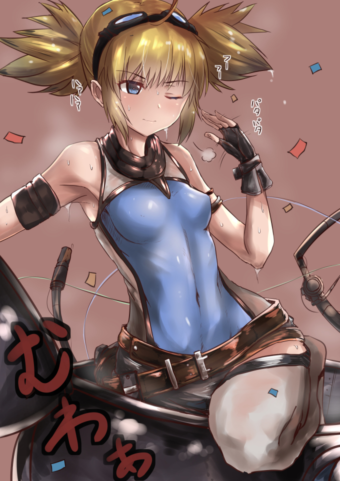1girl ahoge armlet bare_shoulders belt black_gloves blonde_hair blue_eyes blush confetti covered_navel dripping fanning_self fingerless_gloves gloves goggles goggles_on_head granblue_fantasy hot one_eye_closed pengi_(granblue_fantasy) short_hair short_twintails shorts smile solo sweat sweating tai_(nazutai) twintails wet