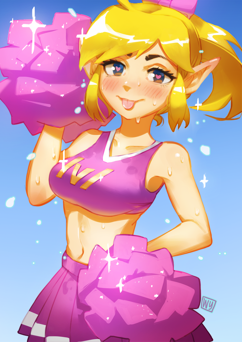 1girl :p blonde_hair blue_eyes blush bow breasts cheerleader crop_top genderswap hair_bow heart heart-shaped_pupils link long_hair looking_at_viewer midriff navel pixelnoodle pleated_skirt pointy_ears pom_poms ponytail sidelocks skirt solo sweat symbol-shaped_pupils the_legend_of_zelda the_legend_of_zelda:_tri_force_heroes tongue tongue_out