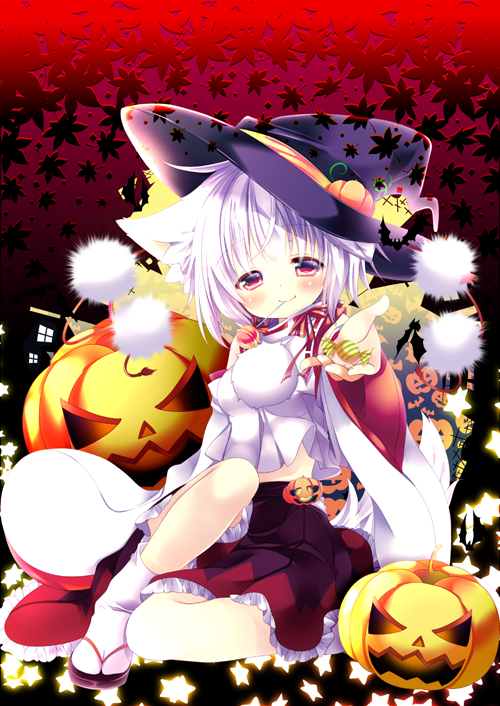 1girl alternate_headwear animal_ears autumn_leaves candy detached_collar hat hat_ribbon hikanyan inubashiri_momiji jack-o'-lantern lollipop long_sleeves looking_at_viewer mouth_hold outstretched_arm pink_eyes pom_pom_(clothes) ribbon shirt silver_hair sitting skirt smile solo tail touhou wide_sleeves witch_hat wolf_ears wolf_tail