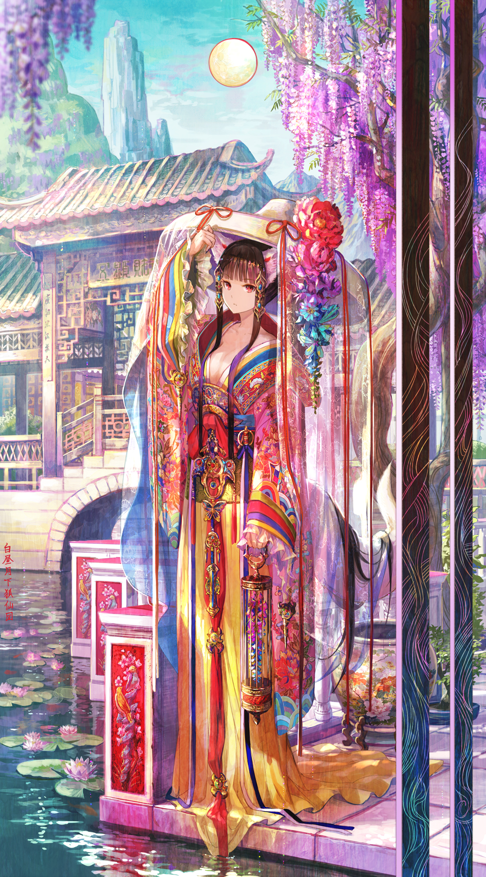 1girl animal_ears arch architecture bangs blue_sky blunt_bangs bridge brown_hair building east_asian_architecture floral_print flower fox_ears fox_tail fuji_choko full_body full_moon hair_ornament hat hat_flower highres lily_pad long_dress long_hair long_sleeves lotus moon mountain original outdoors pond pot railing red_eyes sidelocks sky solo tail traditional_clothes tree veil very_long_hair water wide_sleeves wisteria