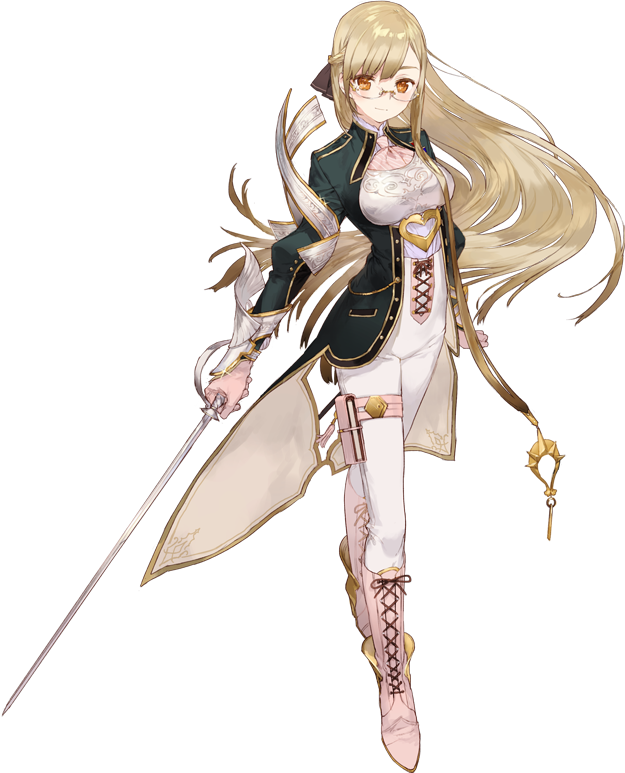 1girl atelier_(series) atelier_sophie blonde_hair boots brown_eyes cross-laced_footwear full_body glasses half_updo knee_boots lace-up_boots long_hair monika_ellmenreich official_art pants rapier smile solo standing sword takekono uniform weapon white_boots white_pants