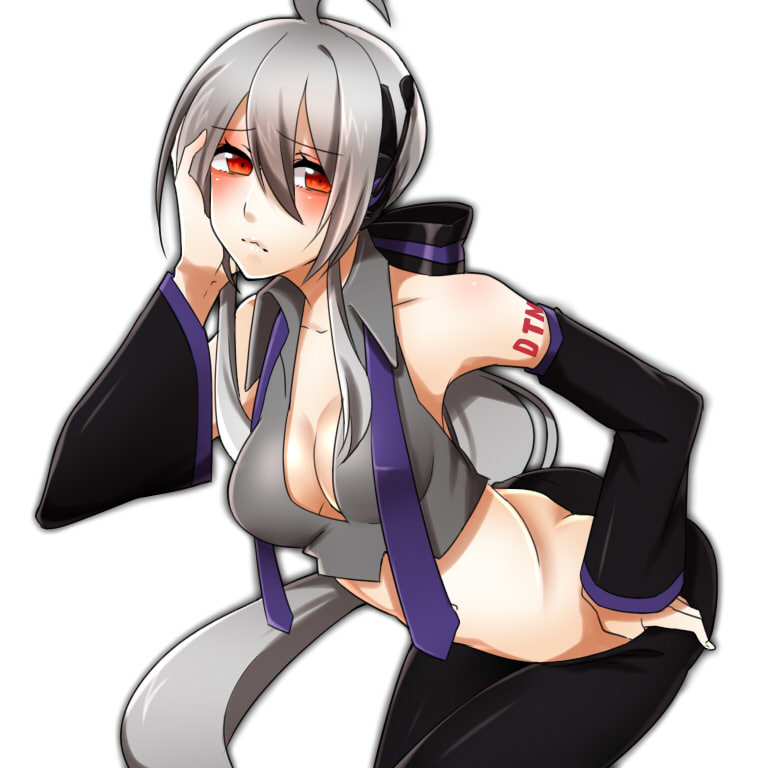 1girl ahoge ass blush breasts cleavage collarbone detached_sleeves hand_on_head hand_on_headphones hand_on_hip headphones long_hair necktie ponytail red_eyes ribbon silver_hair simple_background solo tattoo very_long_hair vocaloid voyakiloid white_background yowane_haku