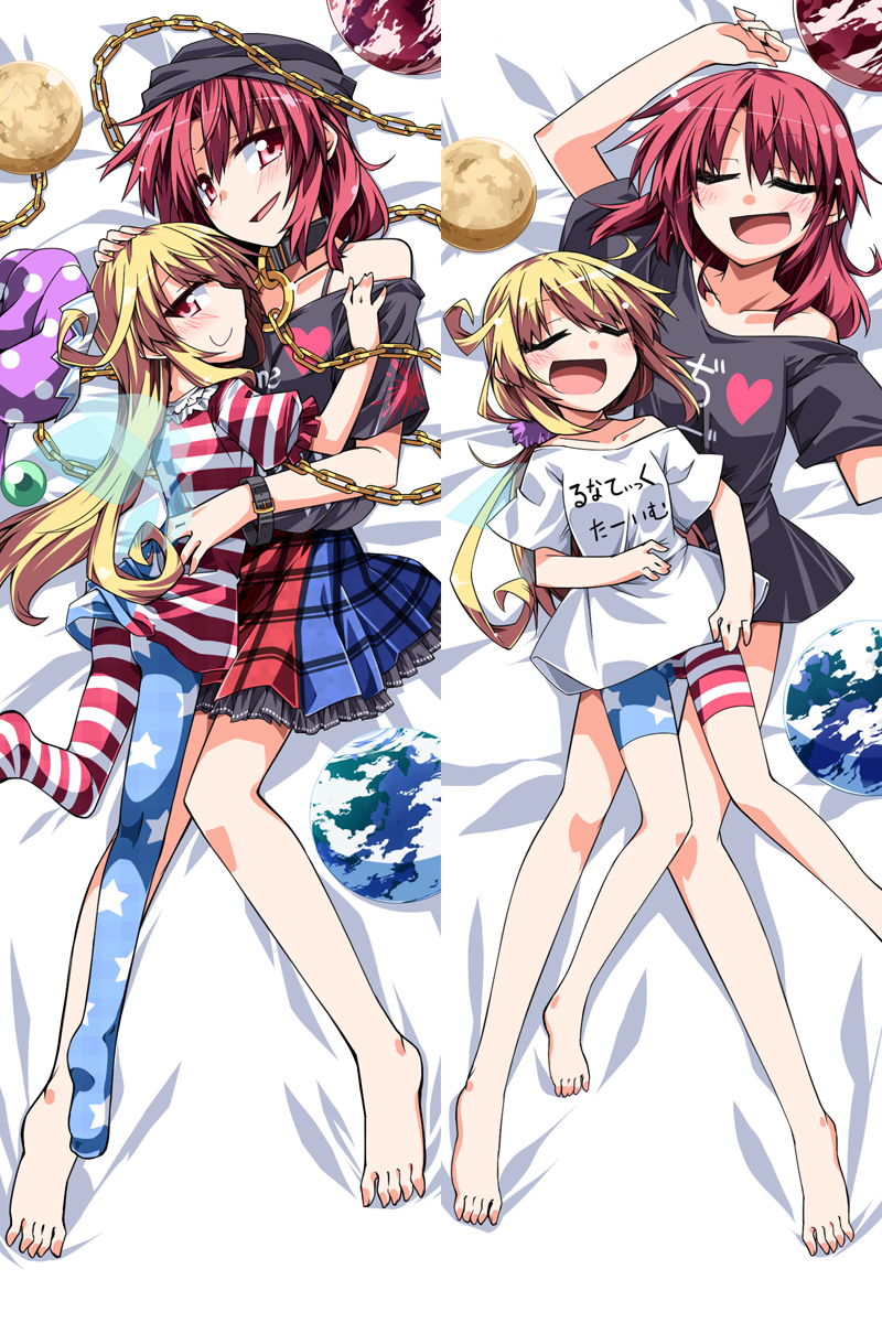 2girls american_flag_legwear american_flag_shirt bare_shoulders barefoot bike_shorts blonde_hair chain clothes_writing clownpiece collar collarbone earth fairy_wings hand_on_head hat hecatia_lapislazuli hemogurobin_a1c highres jester_cap long_hair looking_at_viewer lying moon multiple_girls naked_shirt off_shoulder on_back on_side open_mouth pantyhose pink_eyes red_eyes redhead shirt skirt sleeping smile touhou translated u_u very_long_hair wings