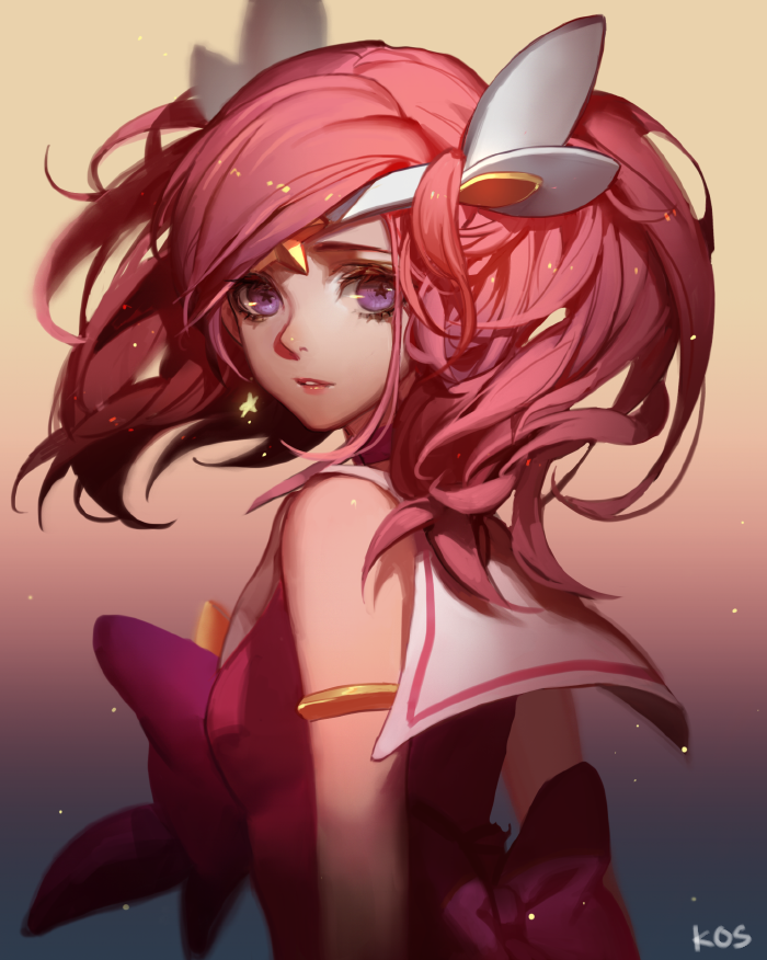 1girl armlet bow hair_ornament kyomon league_of_legends looking_at_viewer looking_back lux(league_of_legends) open_mouth pink_hair school_uniform serafuku solo star star-shaped_pupils symbol-shaped_pupils tagme violet_eyes