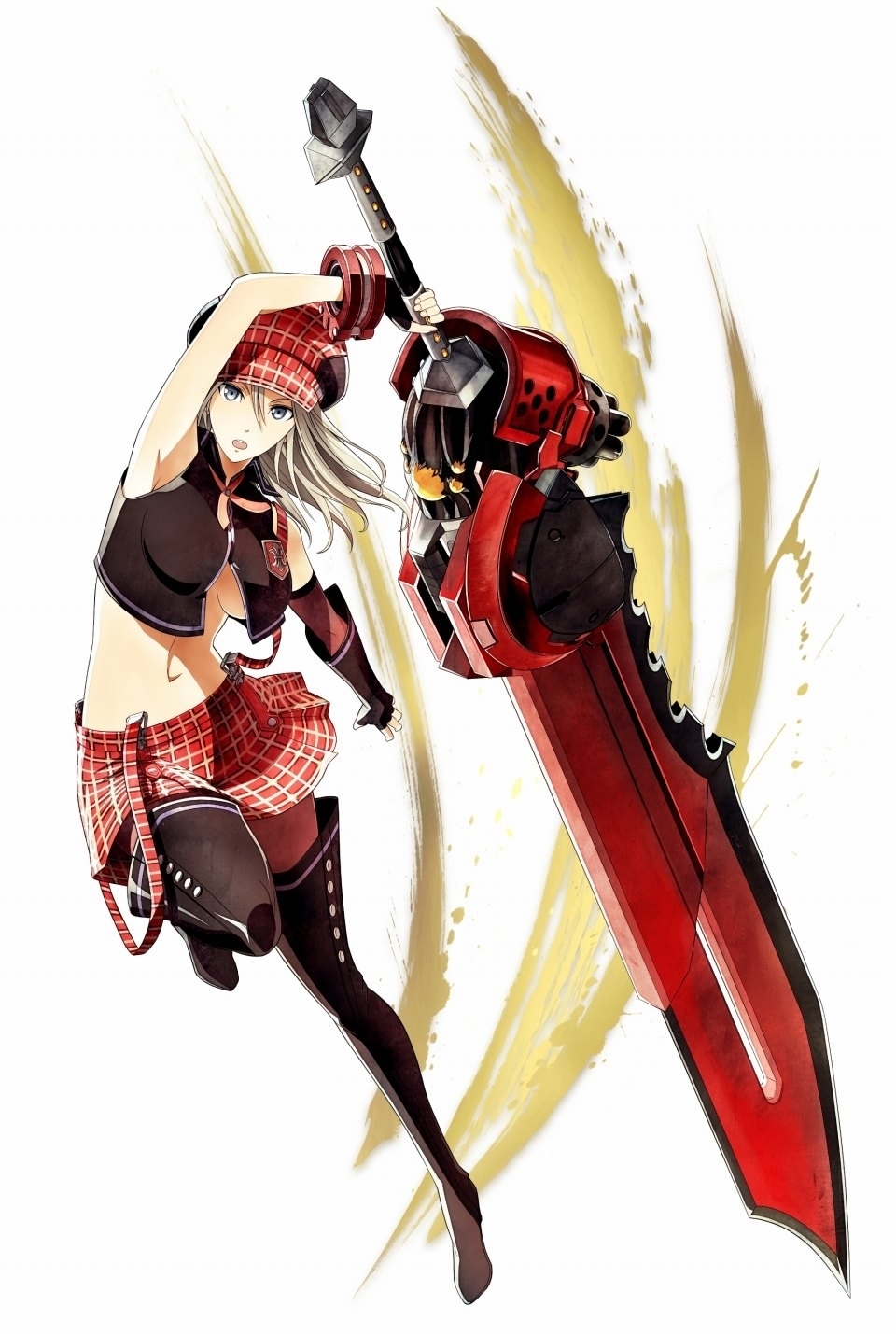 1girl alisa_ilinichina_amiella armpits black_gloves black_legwear boots cabbie_hat elbow_gloves fingerless_gloves gloves god_eater god_eater_burst hat high_resolution highres huge_weapon official_art over_shoulder pantyhose pleated_skirt skirt solo sword thigh-highs thigh_boots weapon weapon_over_shoulder