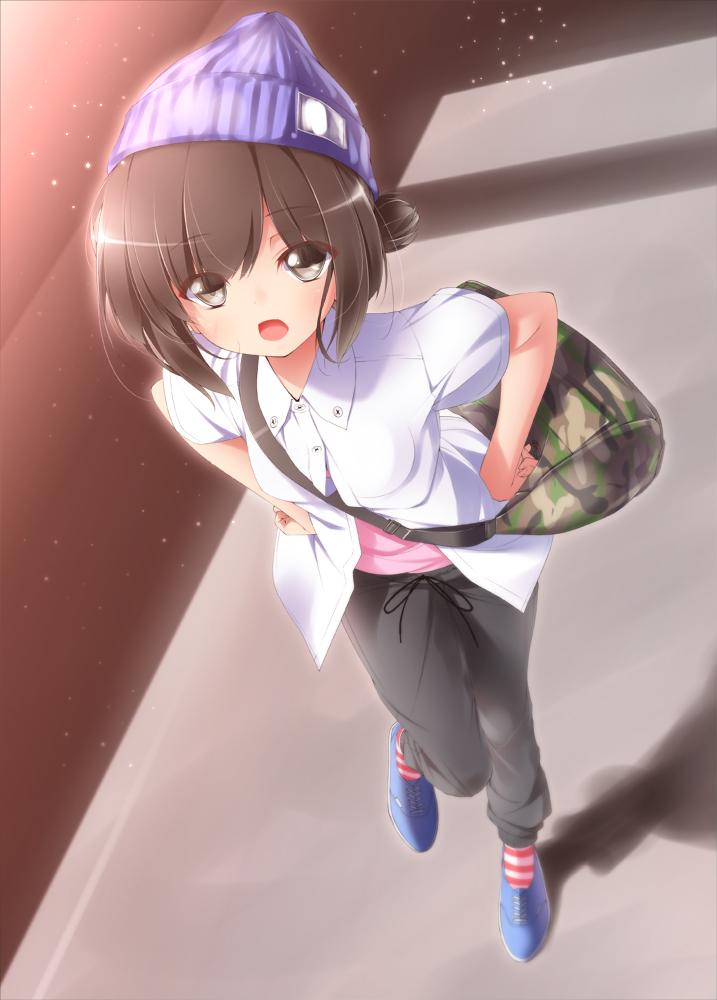 1girl :o alternate_costume bag blue_shoes breasts brown_eyes brown_hair buttons camouflage_bag dress_shirt fubuki_(kantai_collection) handbag hands_on_hips hat kantai_collection looking_at_viewer looking_up midoriiro_no_shinzou open_clothes open_mouth open_shirt pants pink_shirt ponytail purple_hat ribbon shirt shoes short_hair short_sleeves solo striped striped_legwear tennis tennis_shoes white_shirt wing_collar