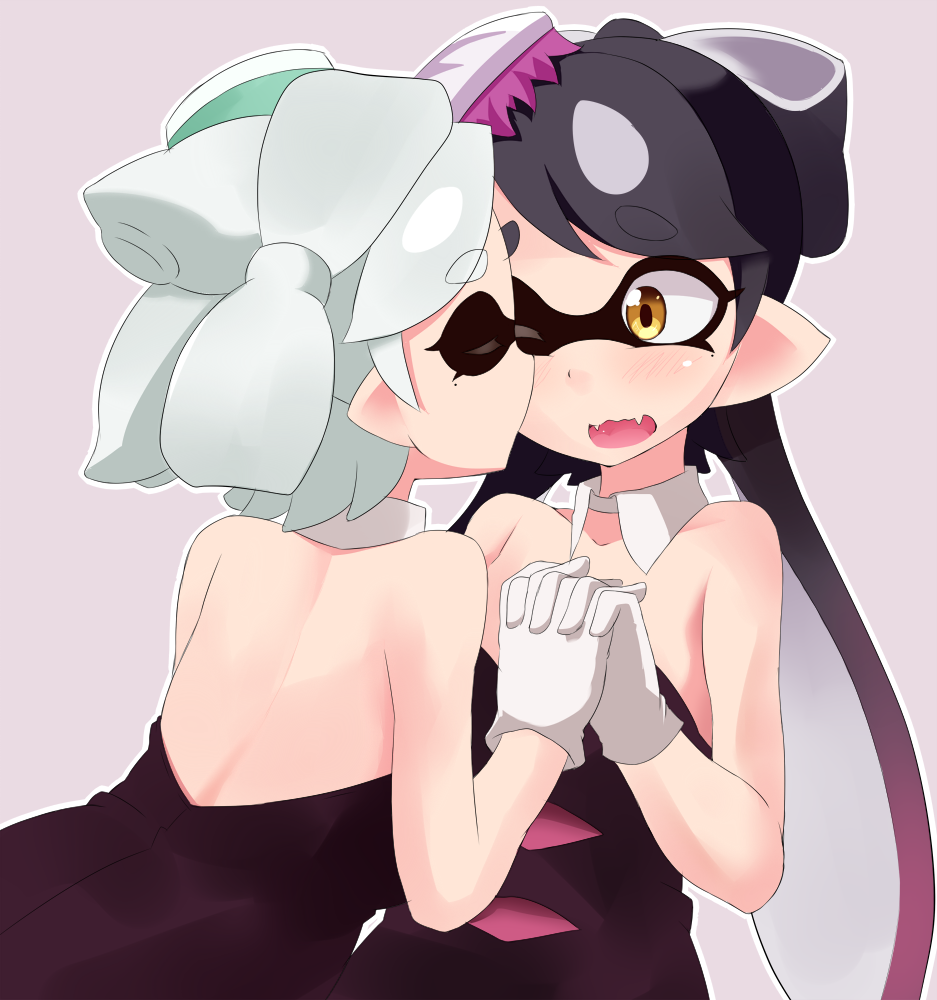 2girls aori_(splatoon) bangs bare_back black_hair blush closed_eyes detached_collar dress earrings eyebrows fangs food food_on_head gloves hotaru_(splatoon) interlocked_fingers jewelry kiss long_hair mask mole mole_under_eye multiple_girls object_on_head one_eye_closed open_mouth pointy_ears short_hair silver_hair splatoon uni_mmtab wavy_mouth white_gloves yuri