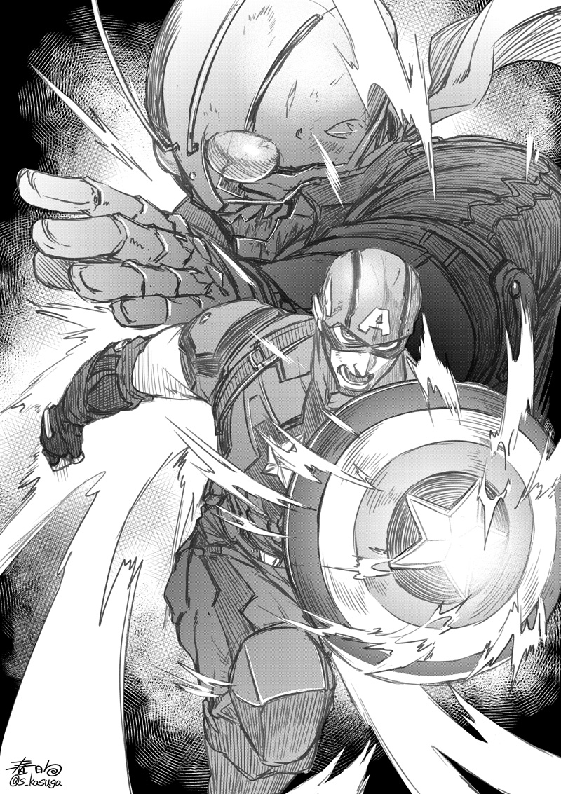 2boys captain_america crossover hongou_takeshi kamen_rider kamen_rider_1 kamen_rider_the_first kasuga_shun male marvel monochrome multiple_boys shield steve_rogers