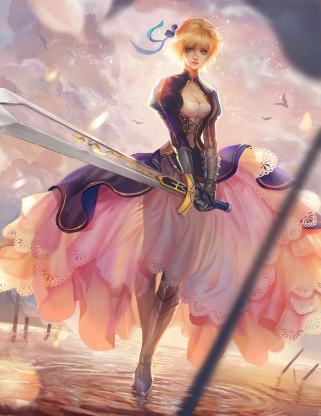 1girl armor armored_boots bangs blonde_hair blue_eyes blue_ribbon breasts cleavage cleavage_cutout clouds cloudy_sky dress excalibur fate/stay_night fate_(series) frills full_body gauntlets gown greaves hair_ribbon holding_sword holding_weapon juliet_sleeves lace light_particles long_sleeves looking_at_viewer outdoors perspective puffy_sleeves ribbon ripples saber see-through sky solo sunlight sword two-handed walking walking_on_water water weapon yang_fan