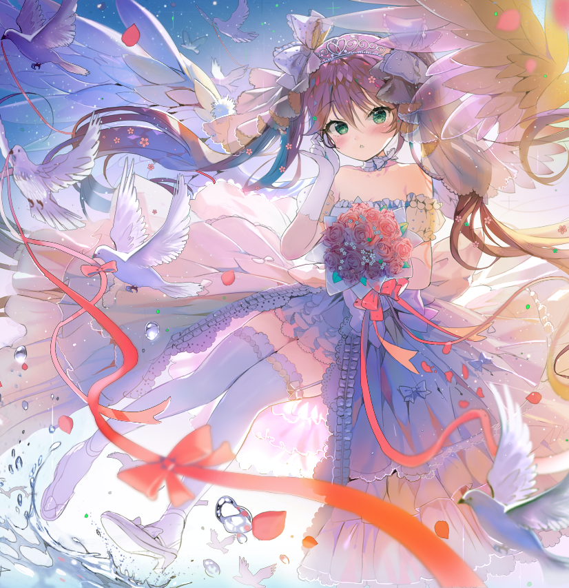 1girl bird bouquet bridal_veil bride brown_hair dress ebisuzawa_kurumi elbow_gloves flower gakkou_gurashi! garter_straps gloves green_eyes long_hair petals pigeon purple_hair red_rose repi987 ribbon rose solo strapless_dress thigh-highs tiara twintails veil very_long_hair wedding_dress white_dress white_gloves white_legwear zettai_ryouiki