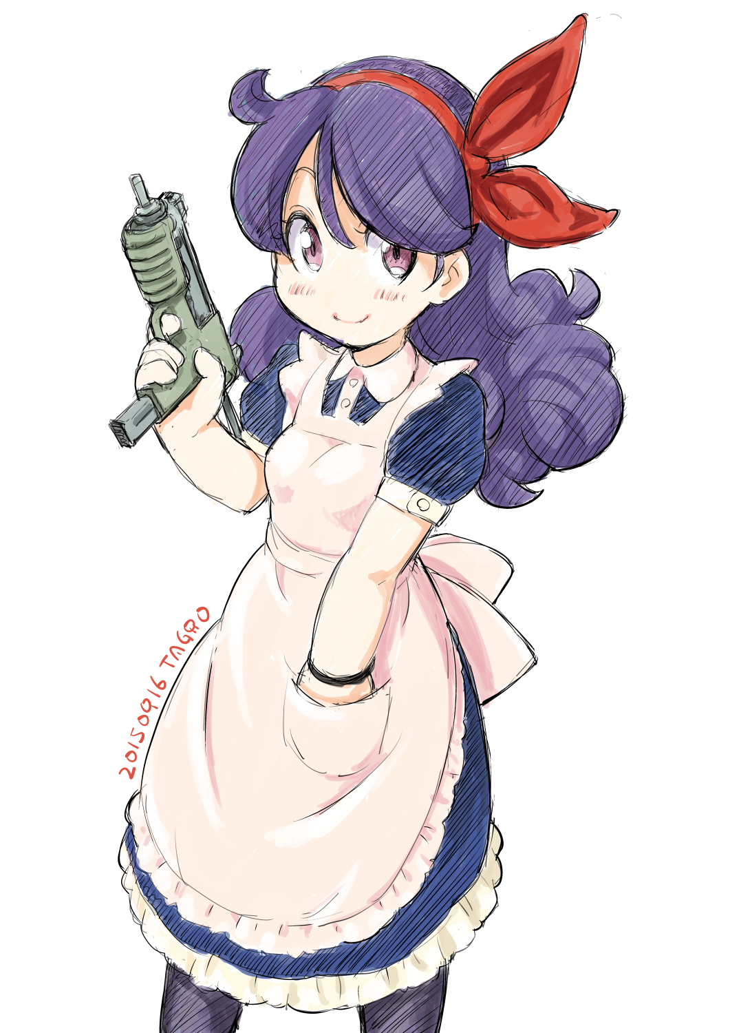 1girl artist_name blue_hair dated dragon_ball gun hairband hand_in_pocket highres lunch_(dragon_ball) maid smile solo submachine_gun tagro violet_eyes weapon