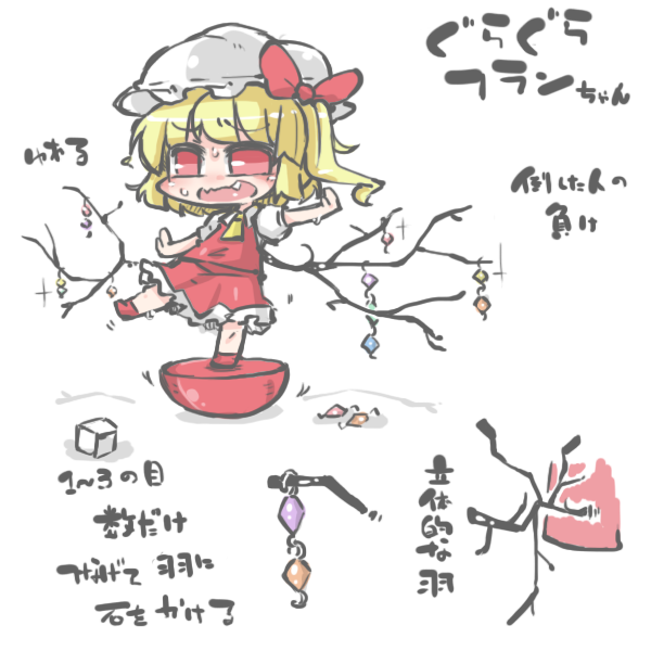 1girl balancing blonde_hair blush commentary_request flandre_scarlet kureha_mitsushige open_mouth red_eyes short_hair solo touhou translation_request