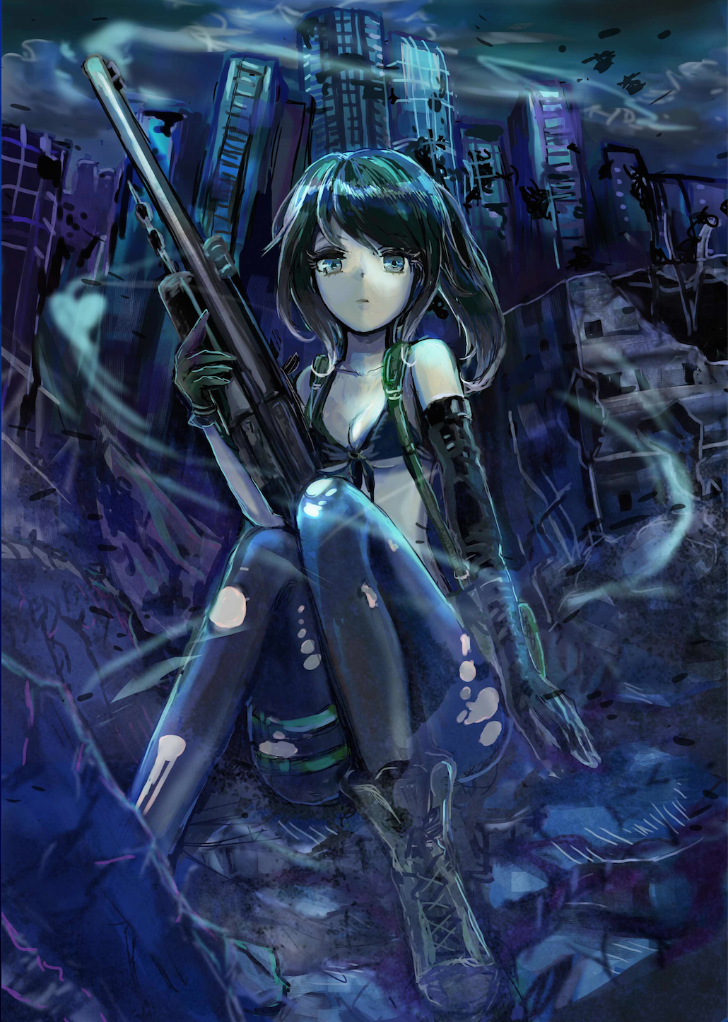 1girl black_gloves black_hair blue_eyes boots breasts combat_boots cosplay front-tie_bikini front-tie_top gloves gun highres long_hair metal_gear_(series) metal_gear_solid_v mismatched_gloves nokina pale_skin pantyhose ponytail quiet_(metal_gear) quiet_(metal_gear)_(cosplay) rifle ruins sniper_rifle solo torn_clothes torn_pantyhose under_boob weapon yandere-chan yandere_simulator