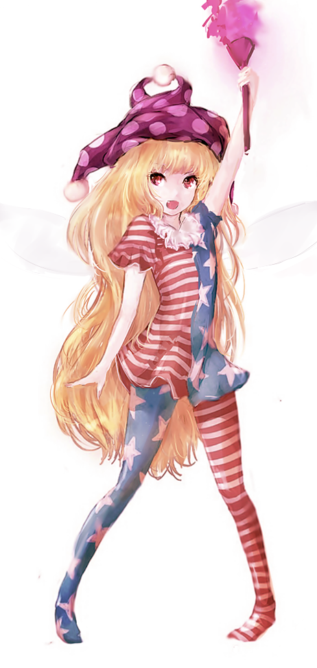 1girl american_flag_legwear american_flag_shirt bangs blonde_hair clownpiece commentary dyolf fang hat jester_cap long_hair open_mouth pantyhose revision short_sleeves simple_background smile solo standing torch touhou very_long_hair violet_eyes white_background