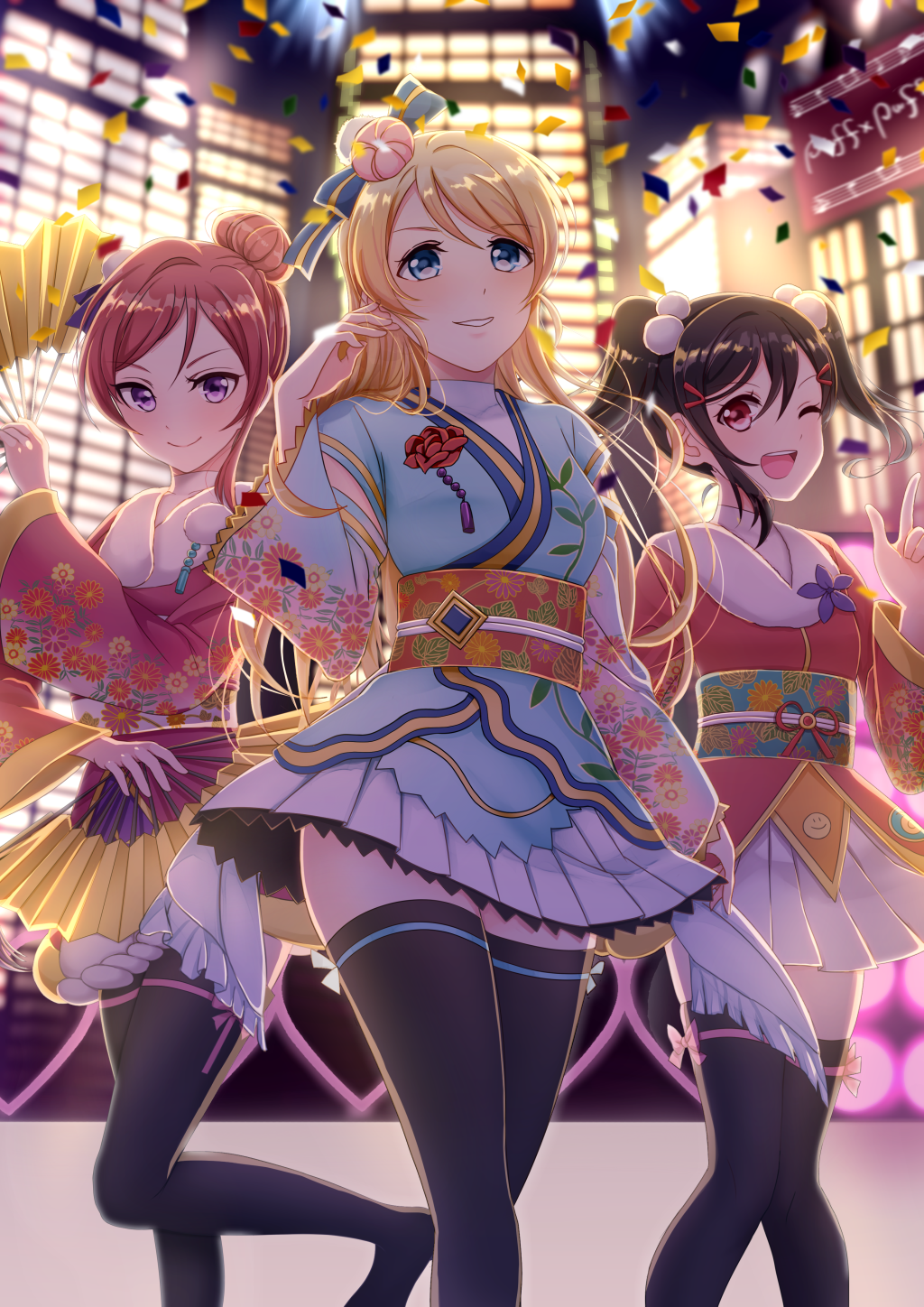 3girls ;d angelic_angel ayase_eli building confetti fan folding_fan highres japanese_clothes kimono kimono_skirt kurono_kito love love_live!_school_idol_project multiple_girls nishikino_maki one_eye_closed open_mouth ribbon smile tagme thigh-highs thigh_ribbon yazawa_nico