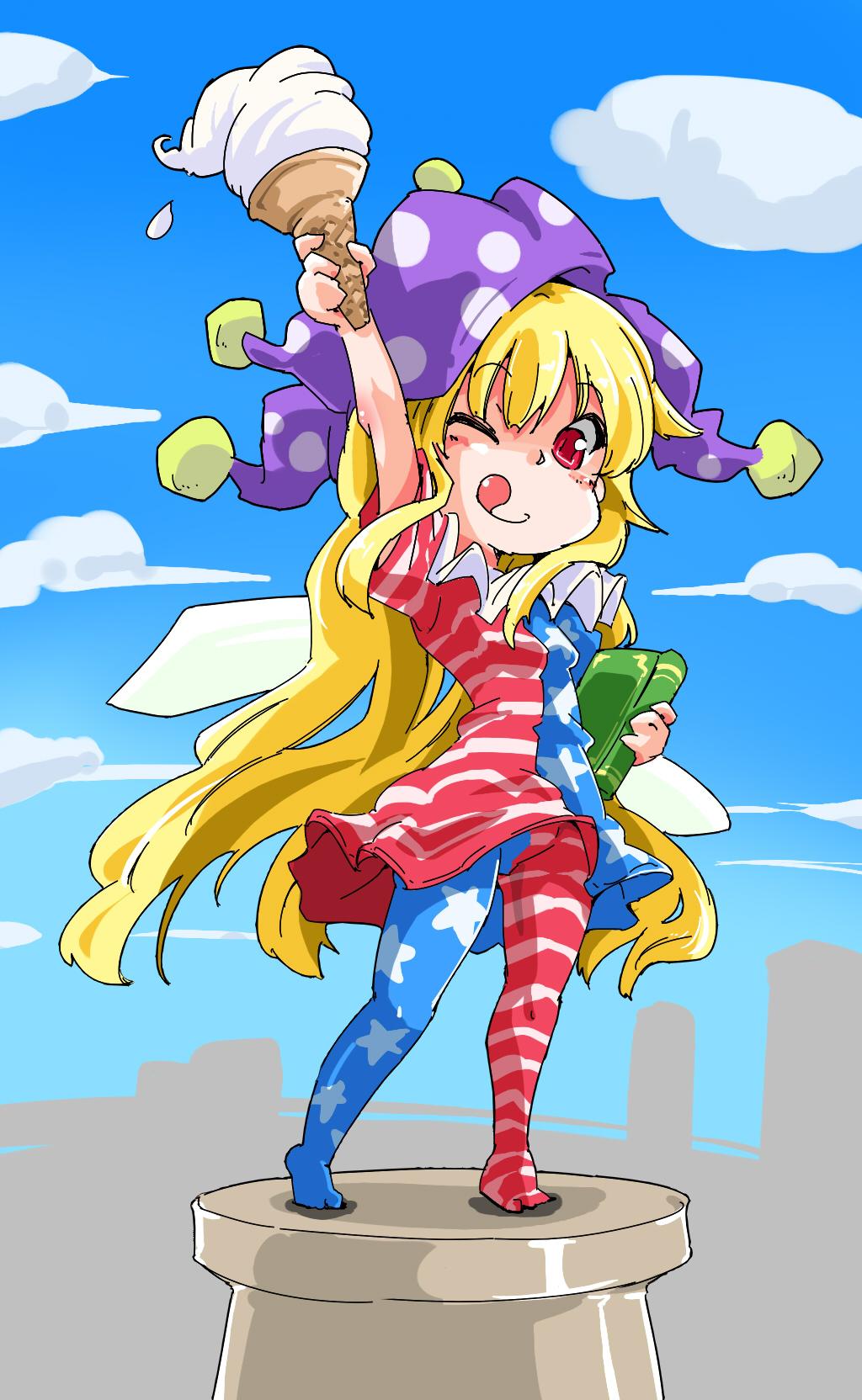 1girl american_flag_legwear american_flag_shirt blonde_hair clownpiece food hat highres ice_cream jester_cap long_hair one_eye_closed pantyhose shinapuu smile solo star statue_of_liberty striped tongue tongue_out touhou very_long_hair