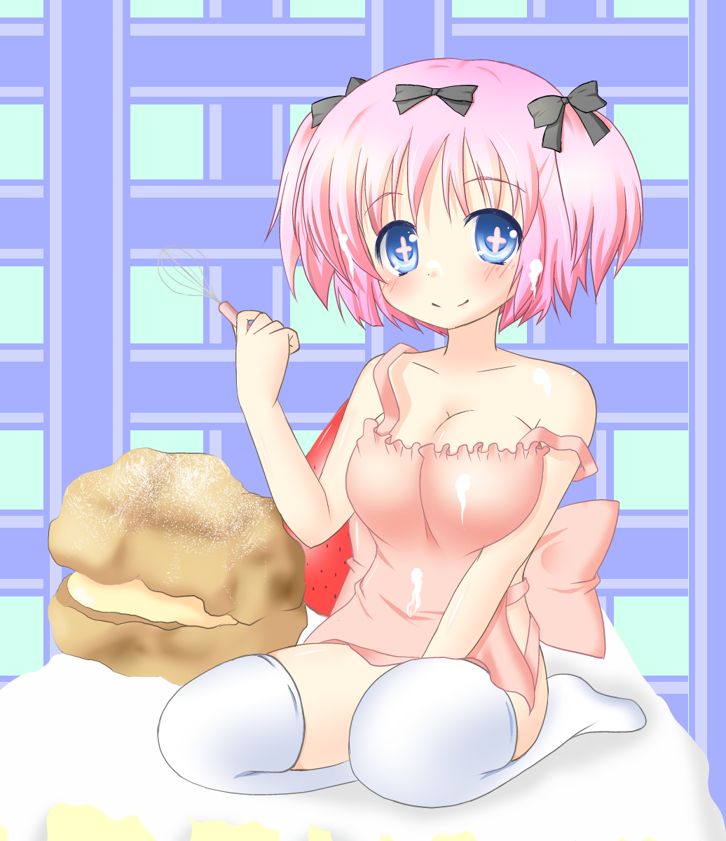 +_+ 1girl blue_eyes blush bow breasts cleavage commentary_request cream_puff food fruit hair_bow hibari_(senran_kagura) highres large_breasts looking_at_viewer nya_on pink_hair seiza senran_kagura senran_kagura_(series) short_hair short_twintails sitting smile solo strap_slip strawberry symbol-shaped_pupils thigh-highs twintails whipped_cream white_legwear