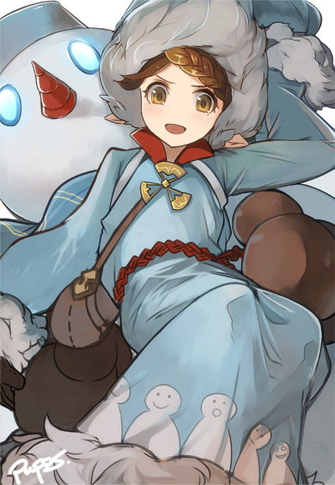 &gt;:d 1girl :d arm_behind_head bag black_gloves blue_dress blue_hat blush braid brown_hair dress fur_trim gloves granblue_fantasy handbag hat long_sleeves looking_away looking_to_the_side mole mole_under_eye open_mouth pointy_ears pupps santa_hat short_hair simple_background smile snowman solo souffleramahr white_background yellow_eyes