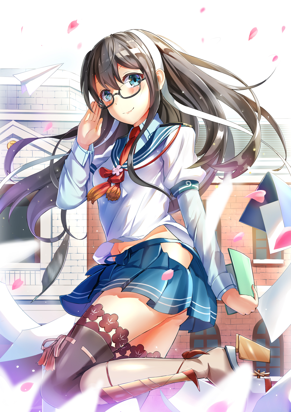 1girl adjusting_glasses black_hair blue_eyes book glasses hairband highres kantai_collection long_hair ooyodo_(kantai_collection) paper paper_airplane qian_wu_atai quill school_uniform serafuku smile solo