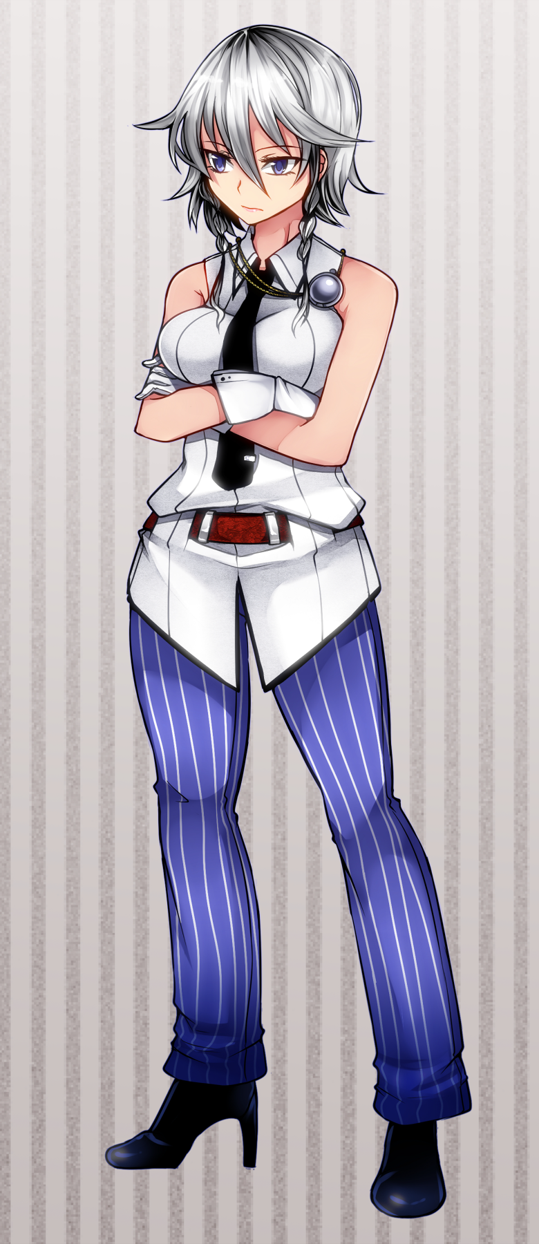 1girl alternate_costume aoshima bare_arms bare_shoulders blue_eyes braid commentary_request crossed_arms gloves high_heels highres izayoi_sakuya pants shirt silver_hair sleeveless sleeveless_shirt solo striped striped_background touhou twin_braids vertical-striped_pants vertical_stripes white_gloves