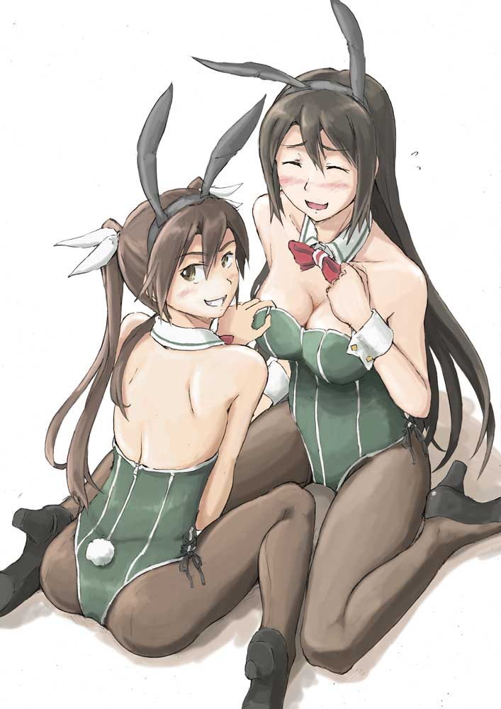 2girls adapted_costume animal_ears ass back black_hair blush bowtie breasts brown_eyes brown_hair brown_legwear bunny_tail bunnysuit chikuma_(kantai_collection) cleavage detached_collar fake_animal_ears hair_ribbon high_heels kantai_collection leotard long_hair multiple_girls open_mouth pantyhose rabbit_ears ribbon smile tail tone_(kantai_collection) twintails vent_arbre wrist_cuffs