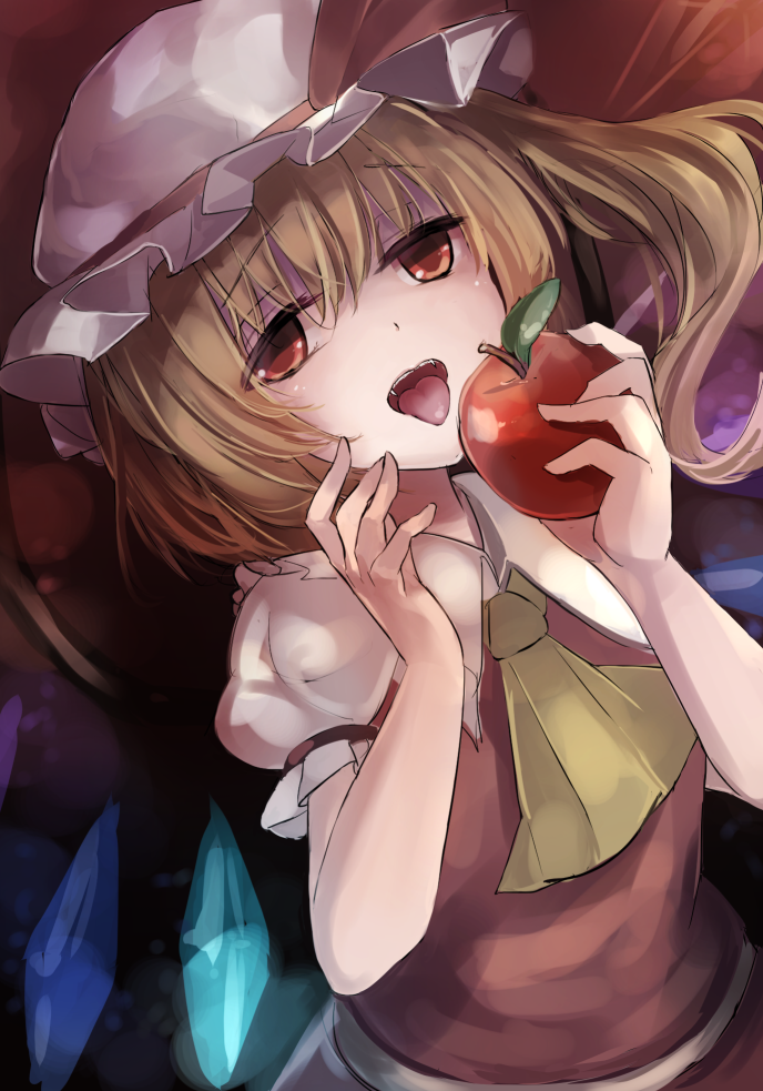 1girl apple ascot blonde_hair crystal fangs flandre_scarlet food fruit hat hat_ribbon janne_cherry looking_at_viewer mob_cap puffy_sleeves red_eyes ribbon shirt short_hair short_sleeves side_ponytail skirt solo tongue tongue_out touhou upper_body vest wings