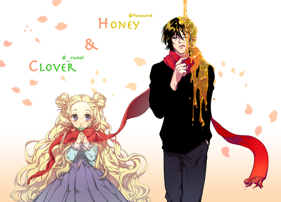 1boy 1girl black_hair blonde_hair clover clover_(flower) collaboration copyright_name double_bun dress hanamoto_hagumi hand_in_pocket honey honey_and_clover howoona licking_lips long_hair long_sleeves looking_at_another looking_to_the_side morita_shinobu pants rwael scarf shared_scarf short_hair tongue tongue_out violet_eyes wavy_hair